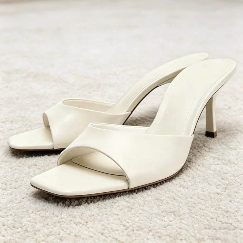 Luxury Wide-Strap Square-Toe Women's Slippers Sexy Stiletto Mules Sandals for Ladies Summer High Heels Elegant Women's Shoes