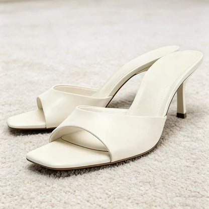 Luxury Wide-Strap Square-Toe Women's Slippers Sexy Stiletto Mules Sandals for Ladies Summer High Heels Elegant Women's Shoes