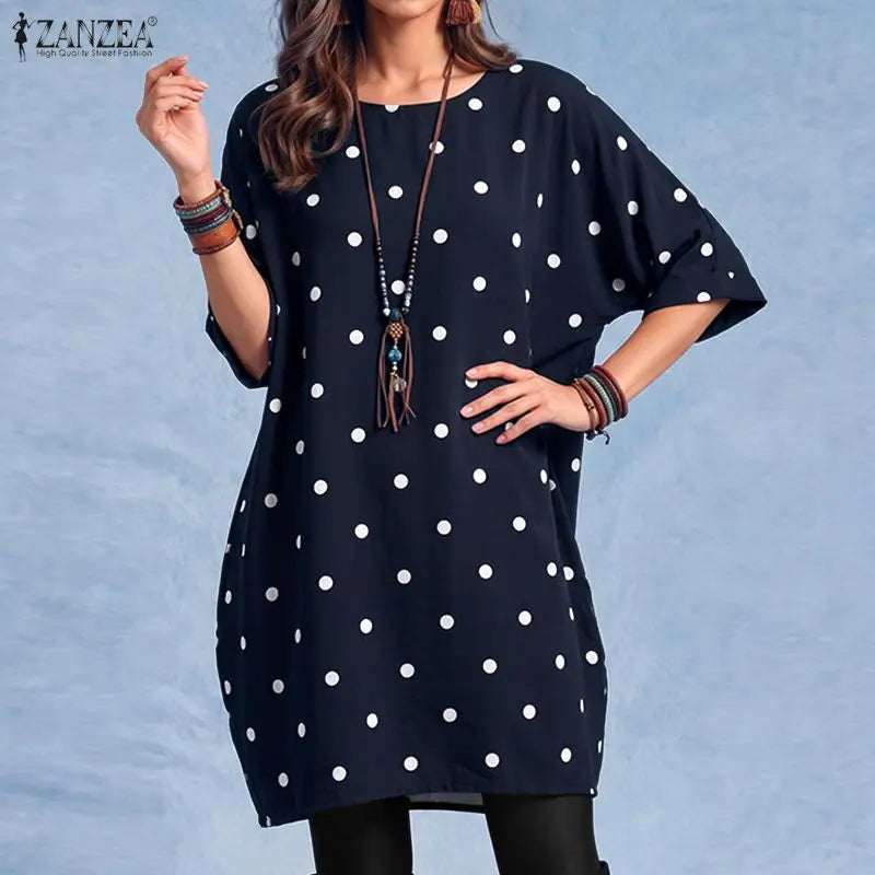 ZANZEA Woman Polka Dot Loose Long Blouses Round Neck 3/4 Sleeves Oversized Tunic Tops Autumn Casual Comfort Daily Wear Blusas