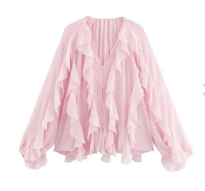 Women's Casual Ruffled Shirt Loose Lace Up Hollow Out V Neck Tops 2025 Spring Blouses Women Clothes