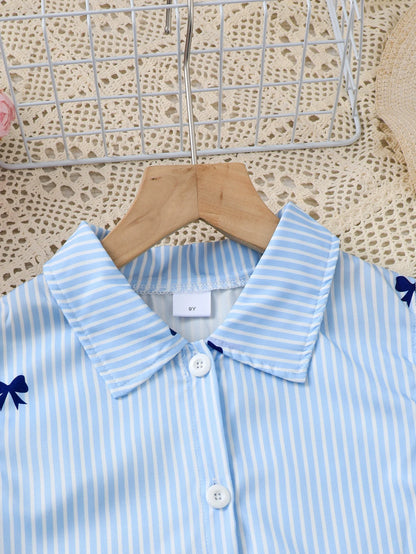 Girls' Preppy Style 2-Piece Set with Fashionable Bow-Tie Striped Shirt And Pantsuit Suitable for Daily Commute