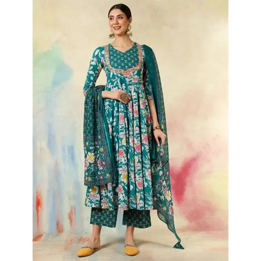 2025 New Indian Traditional Ethnic Embroidered Print 3-Piece Set Women's Outfit Green Cotton Mid-Long Kurta Daily Festival Wear
