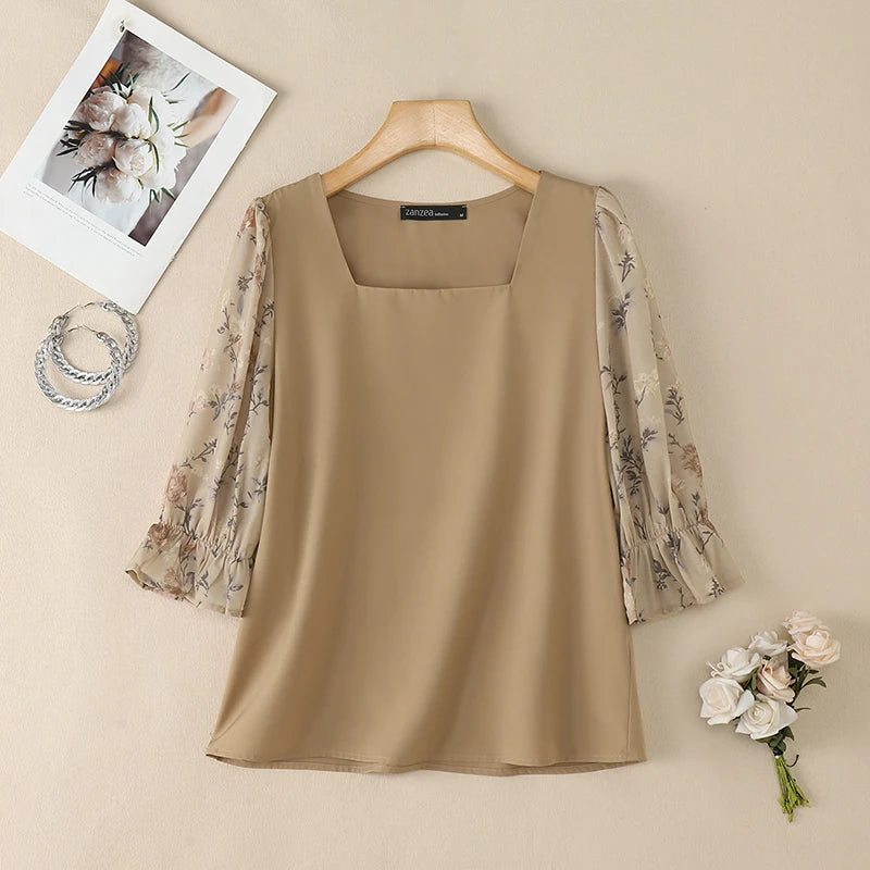 ZANZEA Women Elegant Floral Printed 3/4 Puff Sleeve Blouses Square Neck Patchwork Pullover Tops Summer Casual Blusas de Mujer