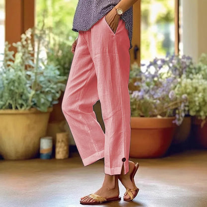 Women's Casual Pants Cotton and Linen Blend Elastic Waist Pocket Fashion Simple Slit Button Basic Versatile Straight Leg Pants