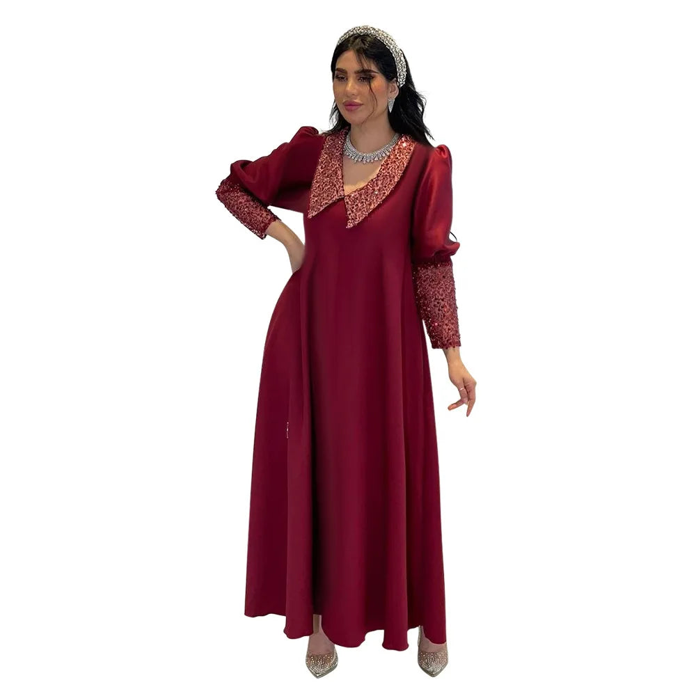 Morocco Abaya Women Dress Diamond Tape Trim Maxi Dress Autumn 2026 Stand Collar Long Sleeve Loose Oman Turkey Dubai Muslim Robe
