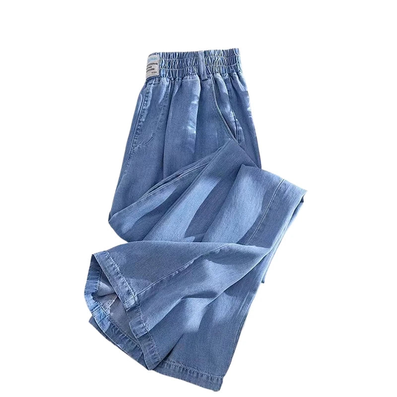 Cara CLUB plus Size Silk Denim Pants Women Summer Loose Wide Leg Straight Cut Trousers Pear Body Shape Commute Style Korean V...