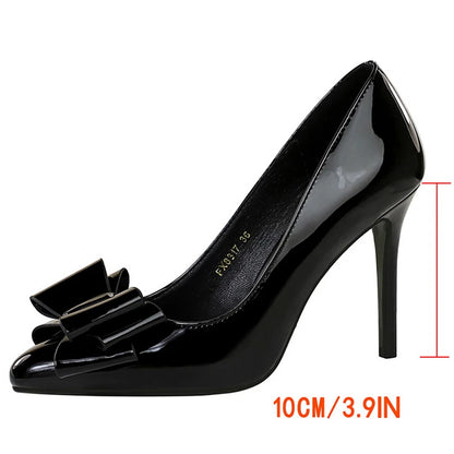 BIGTREE Shoes Bowknot Women Pumps Patent Leather High Heels 10 CM Stilettos Fashion Wedding Shoes Women Heels Large Size 42 43