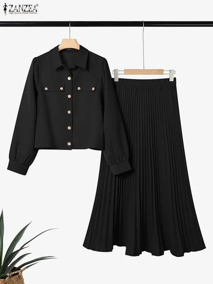 ZANZEA 2026 Spring Fashion Long Sleeve Dress Sets Office Matching Sets Women Outfits Elegant OL Work Skirt Suit Solid Tracksuit