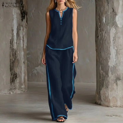 ZANZEA Stylish Sleeveless Tanks Tops Pant Sets 2026 Women Summer Patchwork Tracksuit 2 Pieces Sets Casual Loose Work Outfits