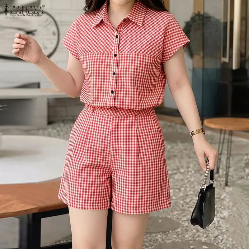 ZANZEA Women Gingham 2 Piece Matching Sets Summer Cap Sleeves Shirts & Elastic Waist Shorts 2pcs Suits Casual Short Sets Outfits