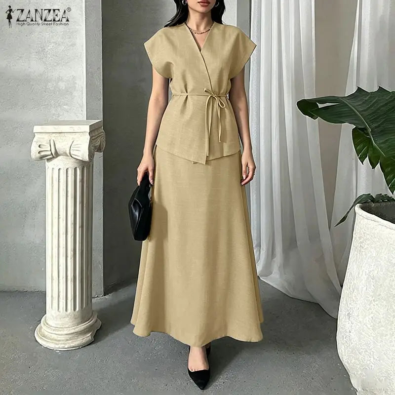 ZANZEA 2PCS Stylish Women V Neck Short Sleeve Blouse Dress Sets Summer Outfits Elegant 2 Pieces Sets Solid OL Work Skirt Suit