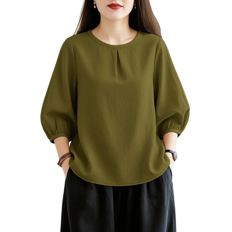 ZANZEA Summer 2026 Pleats Detailing Blouses Women O-Neck 3/4 Puff Sleeve Solid Color Tops Daily Casual Plain Blusas de Mujer