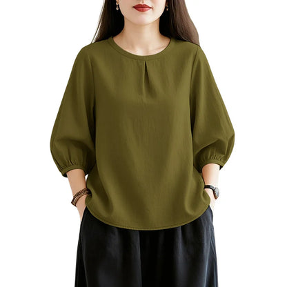 ZANZEA Summer 2026 Pleats Detailing Blouses Women O-Neck 3/4 Puff Sleeve Solid Color Tops Daily Casual Plain Blusas de Mujer