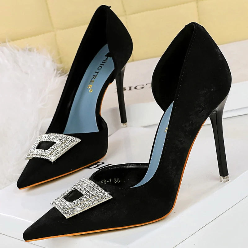 BIGTREE Shoes Luxury Women Pumps Rhinestone High Heels 10.5 CM Stiletto Silks Satins Female Heels Sexy Party Shoes Women Pumps