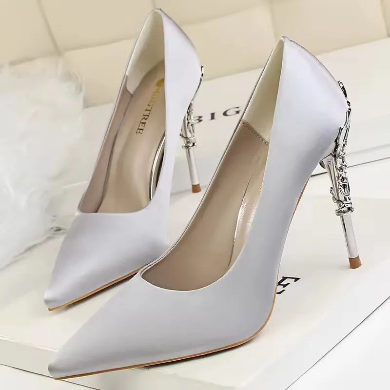 BIGTREE Shoes Women Pumps Flower Carved Metal Heel Women Shoes Fashion Wedding Shoes Satins Stilettos Heels 10 Cm High Heels