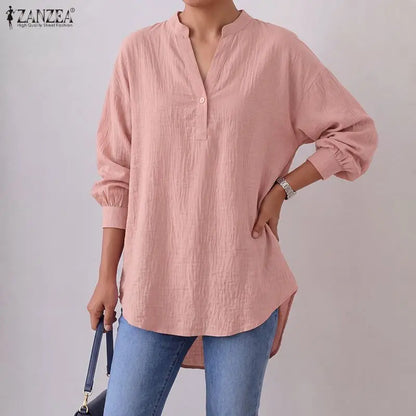 ZANZEA Oversized High-Low Blouses Woman V-Neck Lantern Sleeves Crinkled Fabric Solid Color Tops 2026 Autumn Casual Work Blusas