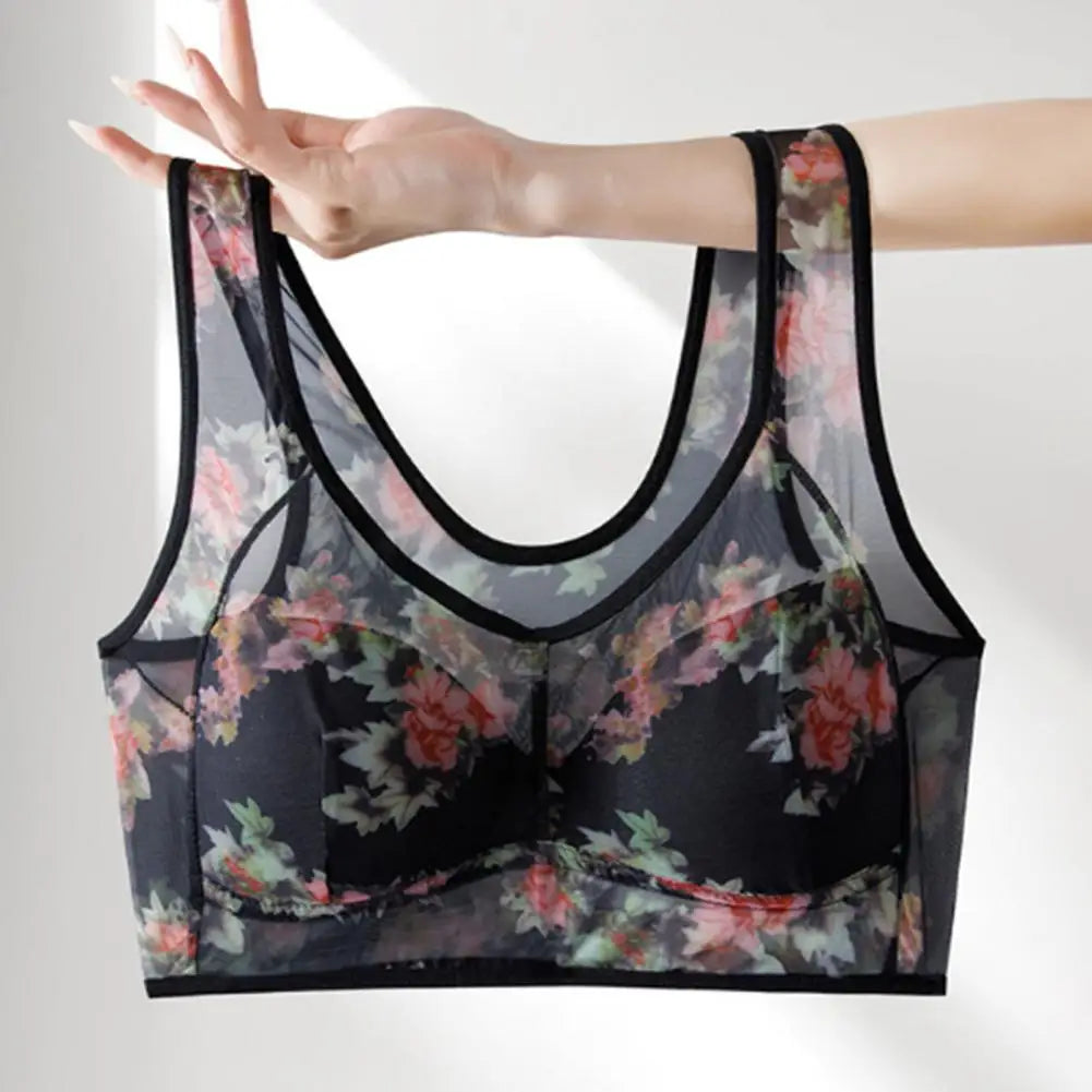 Mid-aged Women Bra Mesh Thin Plus Size Floral Print Wide Shoulder Strap Anti-snagging Push Up Seamless Mother Bra 90%