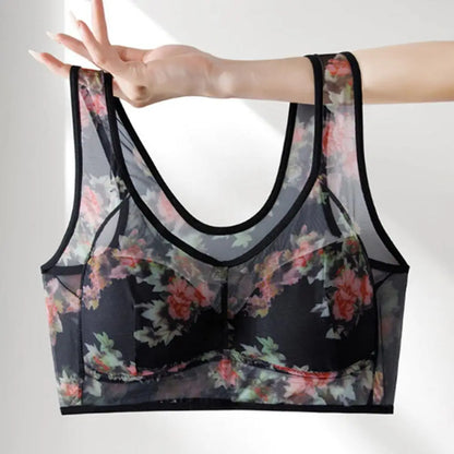 Mid-aged Women Bra Mesh Thin Plus Size Floral Print Wide Shoulder Strap Anti-snagging Push Up Seamless Mother Bra 90%