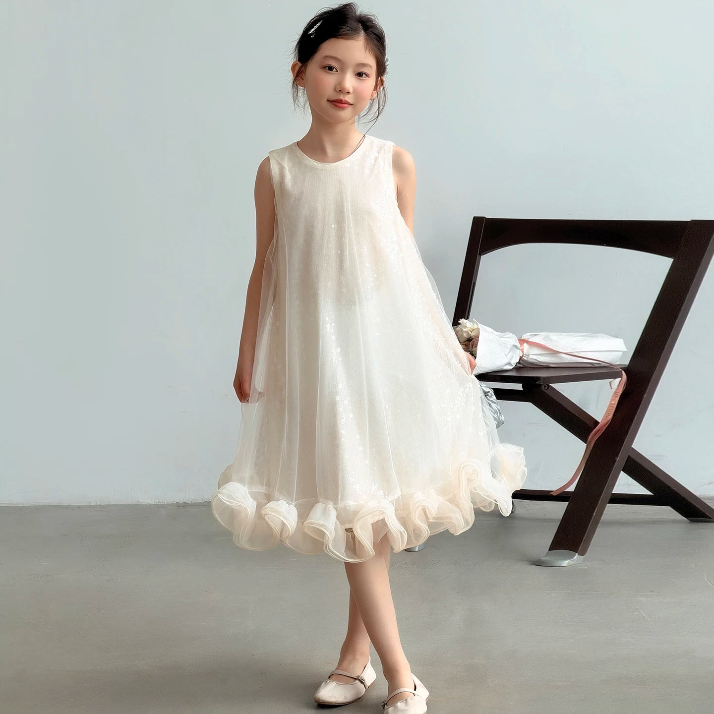 Kids Princess Dresses For Girls White Sleeveless Tulle Ruffle Dress Birthday Party Pageant Wedding Flower Girl Dress 6 -13 Year