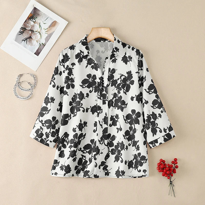 ZANZEA Women's Floral Print Blouses Turn-Down Collar 3/4 Sleeve Loose Pullover Tops Spring Summer Daily Casual Blusas de Mujer
