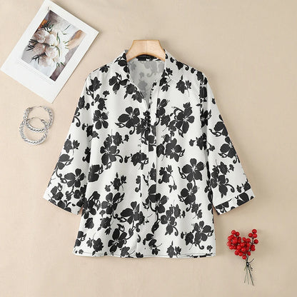 ZANZEA Women's Floral Print Blouses Turn-Down Collar 3/4 Sleeve Loose Pullover Tops Spring Summer Daily Casual Blusas de Mujer