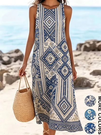 2026 Women's Sleeveless Bohemian Floral Casual Beach MIDI Sundress With Pockets Flowing and Loose Sweetheart Rustic Country