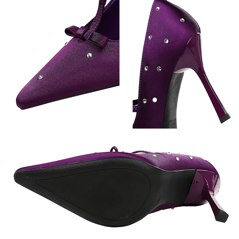 BIGTREE Shoes Women Pumps Rhinestone Design High Heels Satin Bowknot Women Heels Stiletto 9.5cm Sexy Party Shoes Banquet Shoes