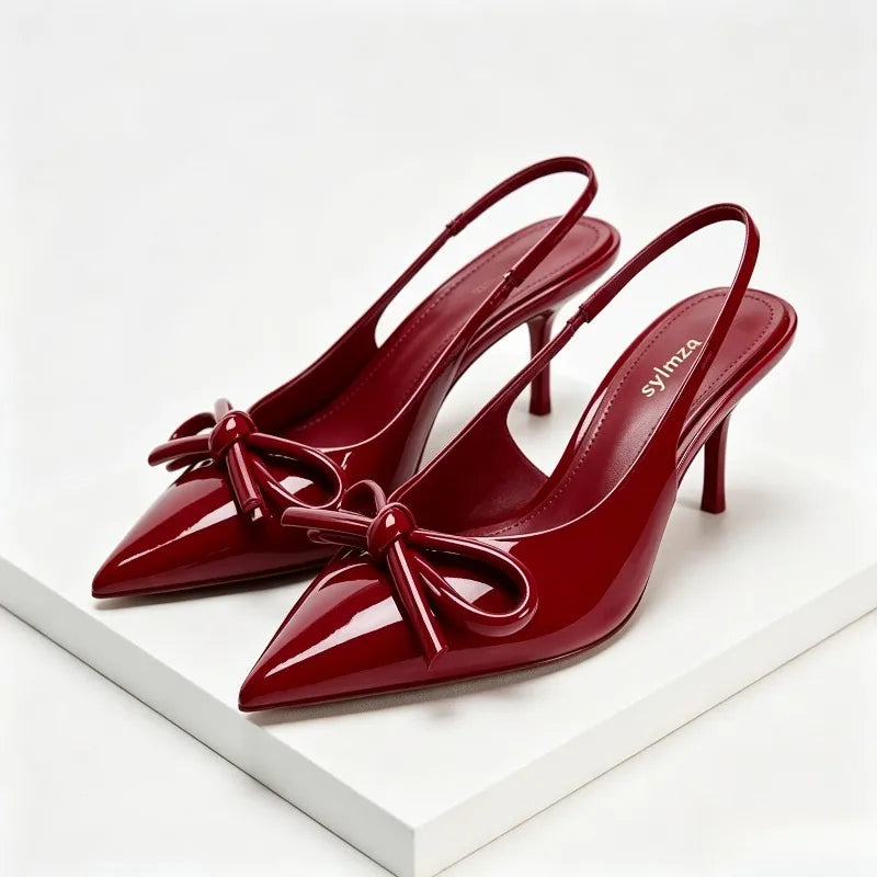 Luxury Designer Red Bow High Heels Women Summer Sexy Pointed Toe Patent Leather Women Pumps Elegant Slingback Heeled Sandals