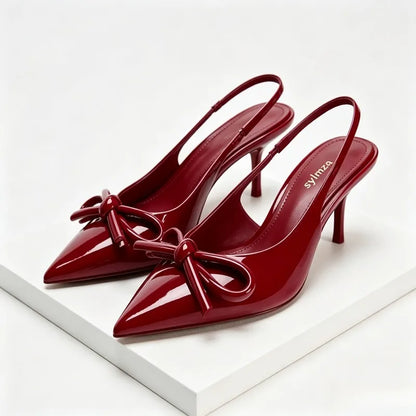 Luxury Designer Red Bow High Heels Women Summer Sexy Pointed Toe Patent Leather Women Pumps Elegant Slingback Heeled Sandals