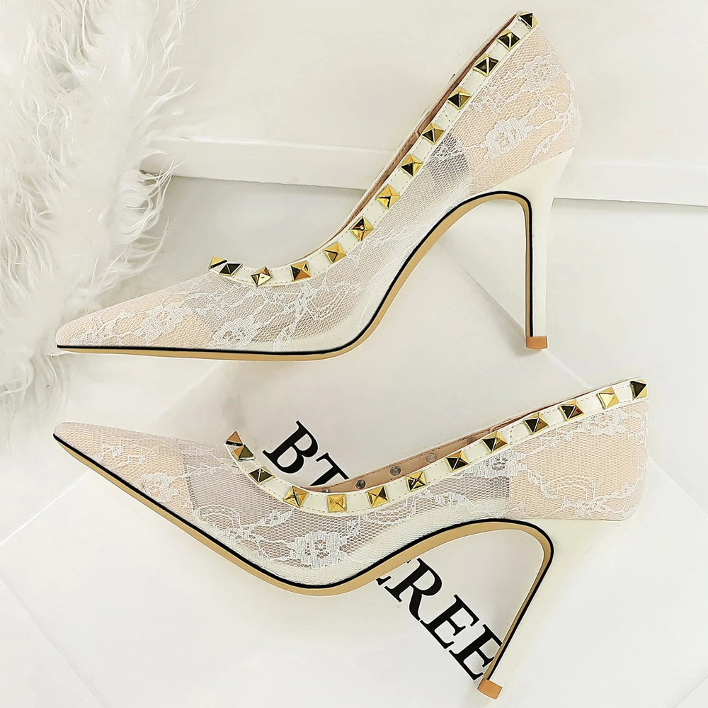 BIGTREE Shoes Sexy High Heels Lace Mesh Women Pumps Rivet Decoration Stiletto Heels 9 CM Ladies Sexy Party Shoes Plus Size 43