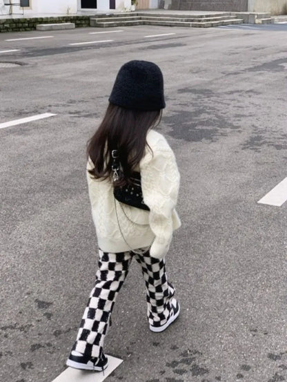 New Girls' Spring Fall Lined Checkered Flared Pants Thickened Thermal Playwear for Kids