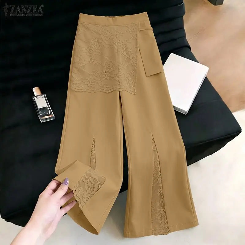ZANZEA Women Wide Leg Pants Fashion Lace Patchwork Pant Casual Loose Long Trousers Elastic Waist Streetwear Oversized