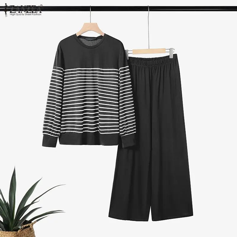 2026 ZANZEA Fashion Spring Tracksuit Women Striped 2 Piece Sets Casual Long Sleeve Tops Pant Sets Muslim Outfits Matching Sets
