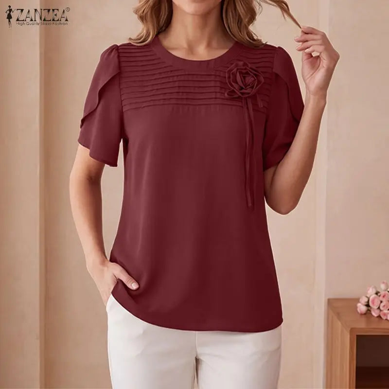 ZANZEA Summer Women Blouse Short Sleeve Elegant Flower Pleated O Neck Casual OL Work Tunic Tops Casual Blusas Streetwear