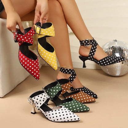 Ladies Cross-Band High Heels Sandals Thin Heel Summer New Polka Dot Slip-On Buckle Strap Elegant Footwear for Women