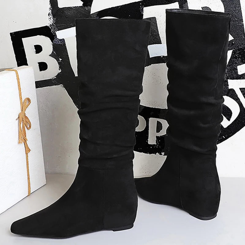 BIGTREE Shoes Women Knee-High Boots Pleated Design Suede Long Boots Pointed Women's Boots Comfortable Autumn And Winter Boots