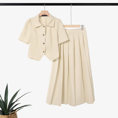 ZANZEA Women's Elegant Skirt Suits Collared Short Sleeve Shirt & Pleated Maxi Skirt 2 Pieces Sets Korean Fashion Party Outfits