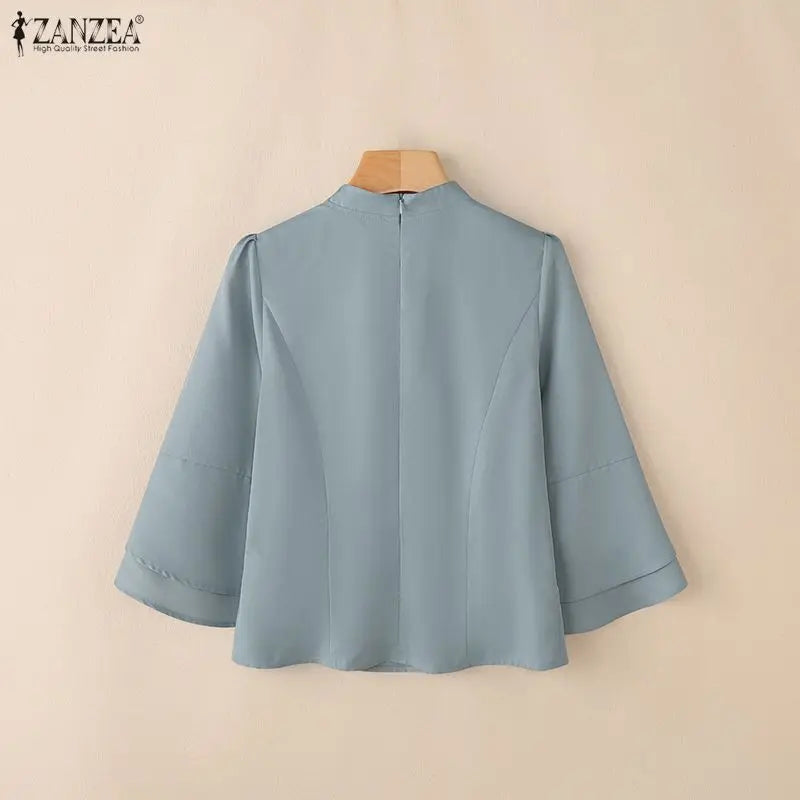 ZANZEA Women's Elegant Bow Tie Blouses Classy 3/4 Petal Sleeves Mandarin Collar Princess Seams Back Zipper Tops Woman Clothes