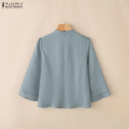 ZANZEA Women's Elegant Bow Tie Blouses Classy 3/4 Petal Sleeves Mandarin Collar Princess Seams Back Zipper Tops Woman Clothes