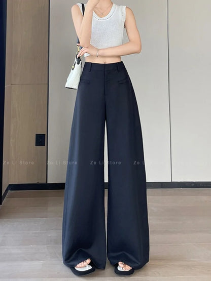 Summer 2026 New Style Women's Linen Wide Leg Suit Pants Thin Ice Silk Sun Protection High Waist Casual Straight Floor