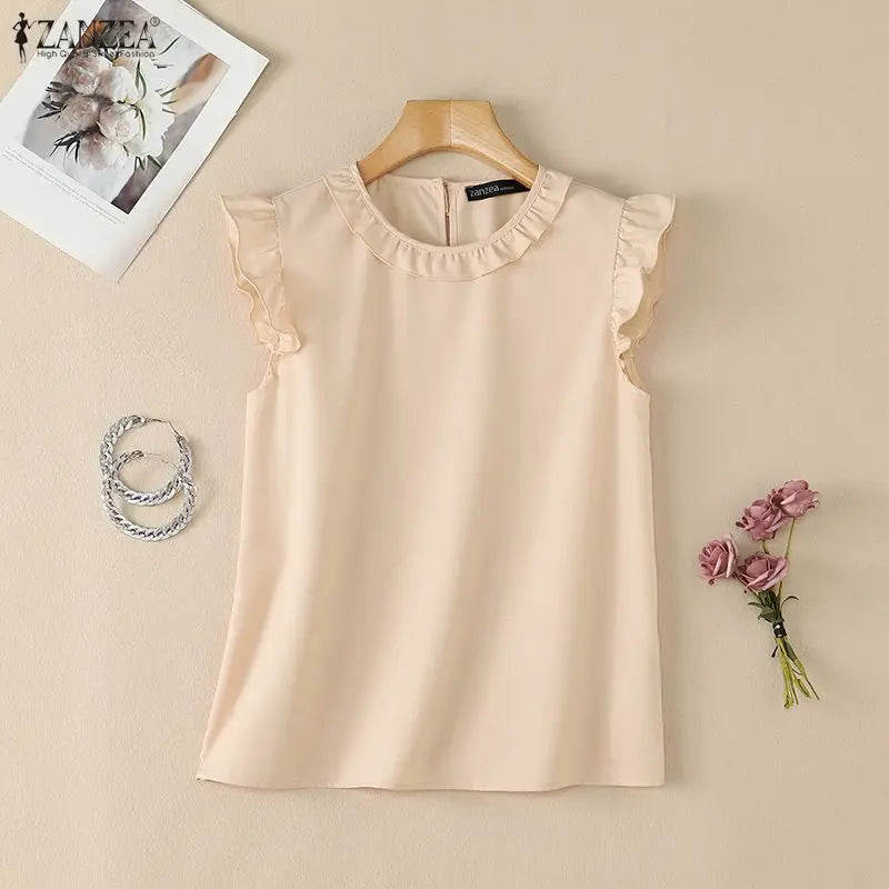ZANZEA 2026 Women Elegant Regular-fit Blouses Ruffles Trim O-Neck Cap Sleeves Solid Color Tops Summer Lightweight Day Wear Blusa