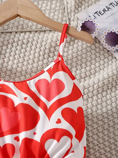 Summer Casual Style Girls' Heart-Shaped Printed Round Neck Sleeveless Camisole Dress, Mid Length Skirt