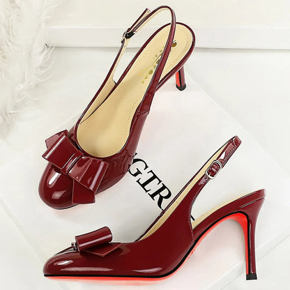 BIGTREE Shoes Round-toe Women Pumps Patent Leather High Heels Bowknot Women Heels Stiletto 8 cm Buckle High-heeled Sandals Lady