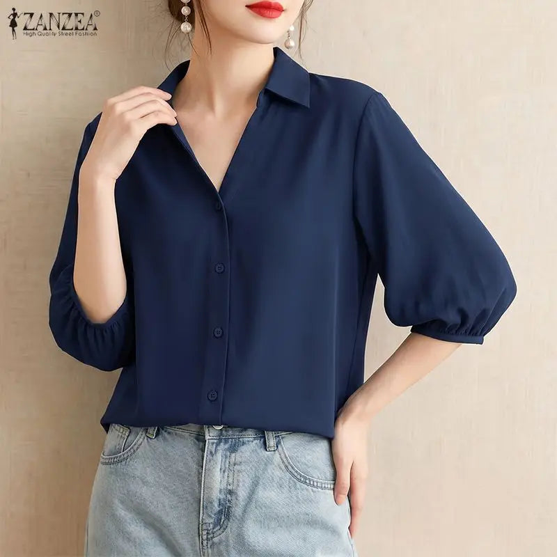 ZANZEA 2026 Woman Half Lantern Sleeves Blouses Casual Turn-Down Collar Button Up Shirts Spring Summer Solid Color Commute Tops