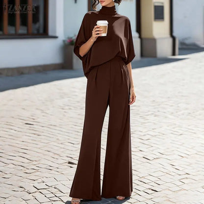 ZANZEA Summer Matching Stes Fashion Women Half Sleeve Blouse Wide Leg Pants Sets Casual Solid OL Work Outfits 2 Pieces Tracksuit