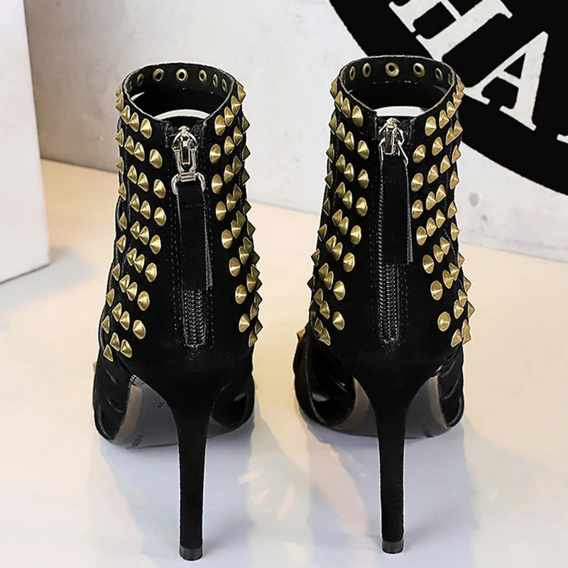 Retro Roman Sandals Women Shoes Rivet Design Heeled Sandals Rear Zipper Sexy High Heels Stiletto 11 cm Hollow Out Summer Shoes