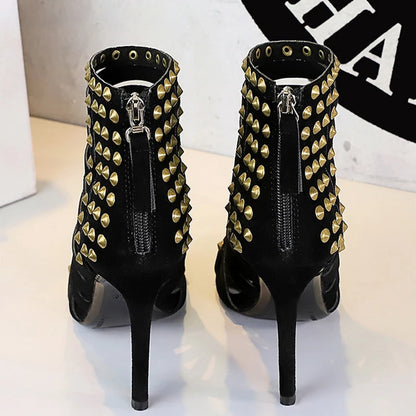 Retro Roman Sandals Women Shoes Rivet Design Heeled Sandals Rear Zipper Sexy High Heels Stiletto 11 cm Hollow Out Summer Shoes