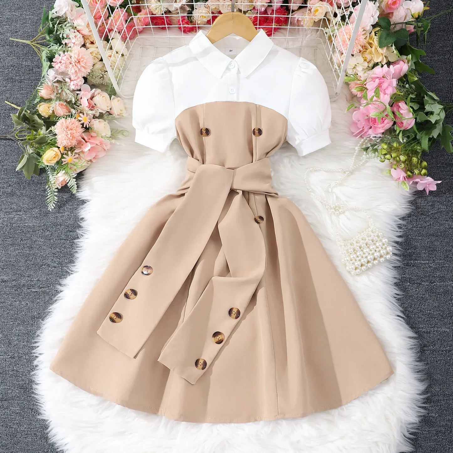 New Khaki Girl Dress Summer Casual Vacation Children Dresses Fashion Elegant Retro British Girls Party Dress 7 8 9 10 11 12 Yrs