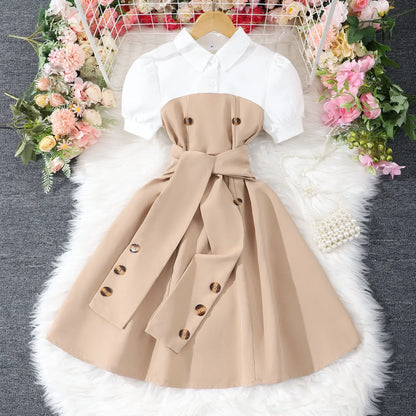 New Khaki Girl Dress Summer Casual Vacation Children Dresses Fashion Elegant Retro British Girls Party Dress 7 8 9 10 11 12 Yrs