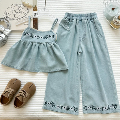 Girls' New Sleeveless Denim Vintage Embroidered Denim Suspender Wide-Leg Pants Two-Piece Set